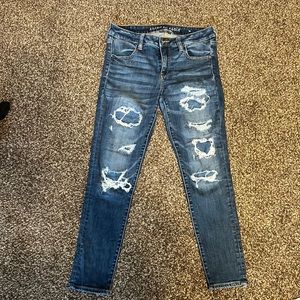 American eagle patched ripped jeans, blue, size 8 short